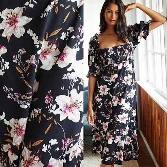Anthropologie Dresses & Skirts - Anthropologie Floral Midi Dress with Puff Sleeves and Smocked Bust NWT